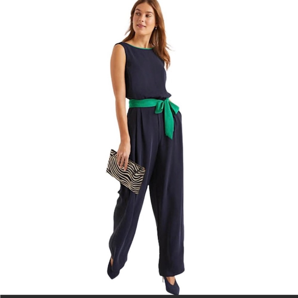 EUC BODEN Lottie Navy Blue Sleeveless Jumpsuit with Green Sash Belt. Worn once.